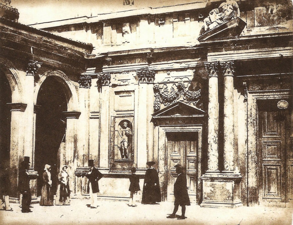 Luigi Sacchi Veduta animata del portale minore del Santuario di Santa Maria presso San Celso a Milano, 1849