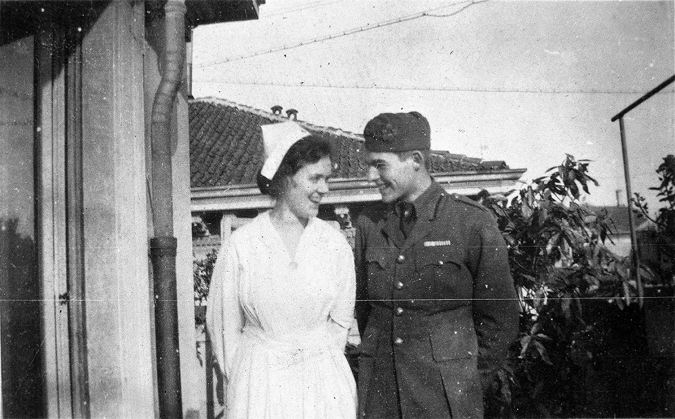 EH2528P ca. 1918 Ernest Hemingway and Agnes von Kurowsky, both in uniform, looking at each other. Milan, Italy. Copyright unknown in the Ernest Hemingway Collection of the John F. Kennedy Presidential Library and Museum, Boston.